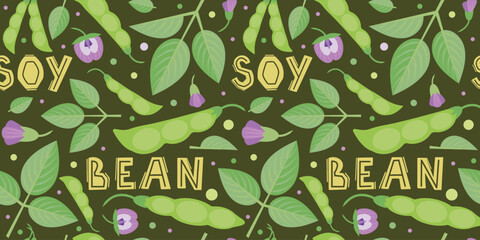 Soybean seamless pattern. Drawing of isolated flowers and leaves, beans.