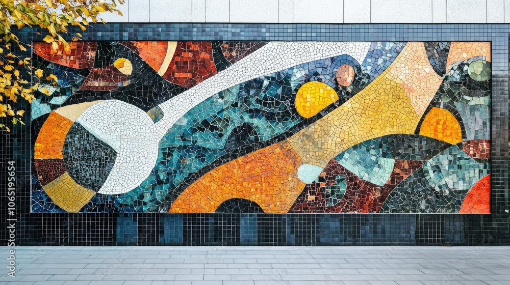 Poster facade with colorful mosaic tiles in artistic patterns, blank space