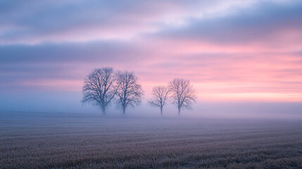 A serene sunrise illuminating a foggy field, casting soft shadows of trees along the horizon.A serene sunrise illuminating a foggy field, casting soft shadows of trees along the horizon.
