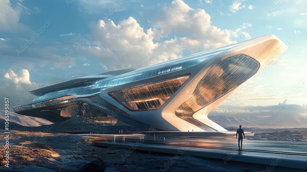 Poster futuristic glass and metal architecture with sharp lines, ample space for text in the sky