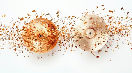 A pair of cymbals adorned with an autumnal explosion of musical notes in warm tones, highlighting the seasonal beauty and emotional resonance of music.