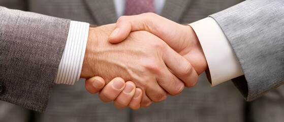 Obraz premium Two business professionals shaking hands in a formal office setting surrounded by their supportive team members symbolizing a successful merger or partnership agreement