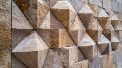 Geometric wall patterns with unique stonework, ample copy space above