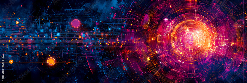 Poster abstract digital art with vibrant glowing sphere surrounded by data particles and futuristic energy 