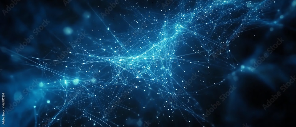 Poster blue background filled with digital network lines and dots, representing advanced technology connect