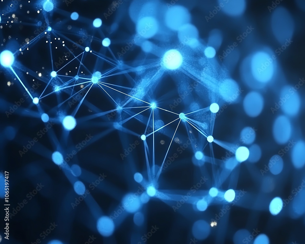 Poster blue background with interconnected digital network lines and dots, illustrating technology concepts