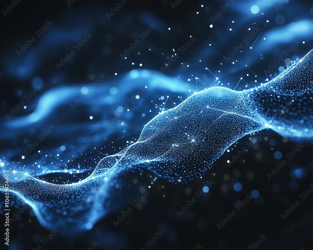 Poster blue background with interconnected digital network lines and dots, illustrating technology concepts
