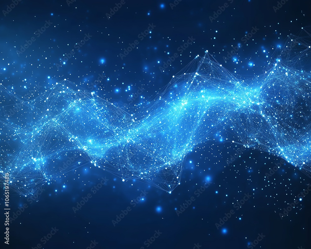 Poster blue background with interconnected digital network lines and dots, illustrating technology concepts