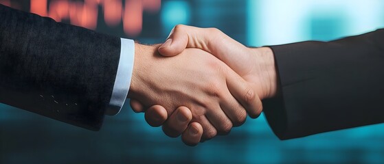 Obraz premium Two business professionals shaking hands in front of corporate skyscrapers and financial graphs symbolizing successful teamwork growth and strategic planning in the business and financial sector