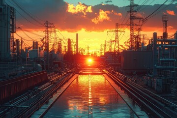 Industrial Sunset with a Waterway Reflecting the Sky