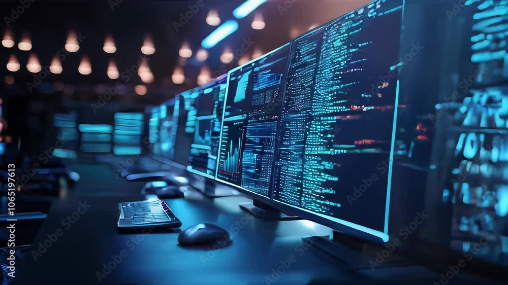 Poster a modern data center is filled with glowing blue screens displaying code. the environment is high-te
