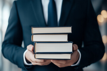 A suited individual holds four neatly arranged books, showcasing a commitment to learning in a professional setting
