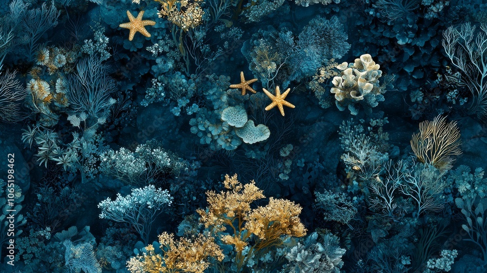 Poster a blue and white rock pattern with a starfish and an anchor. the anchor is in the middle of the patt