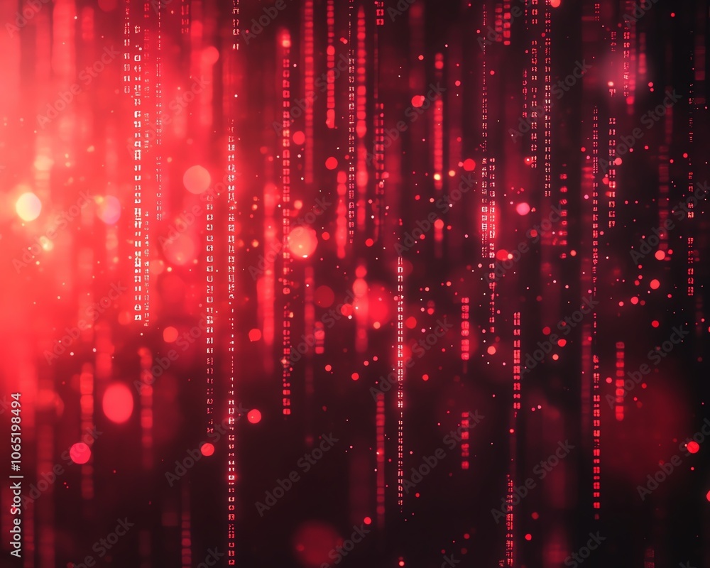 Poster digital abstract technology background featuring glowing red binary code particles