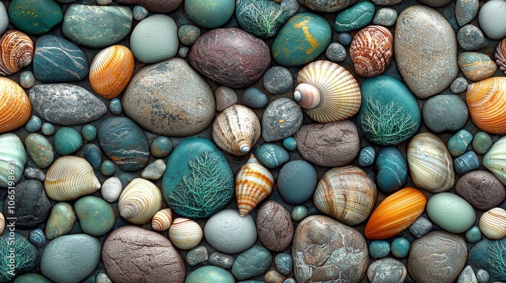 Poster a rock wall with shells and rocks of various sizes. the shells are in different colors and sizes, an