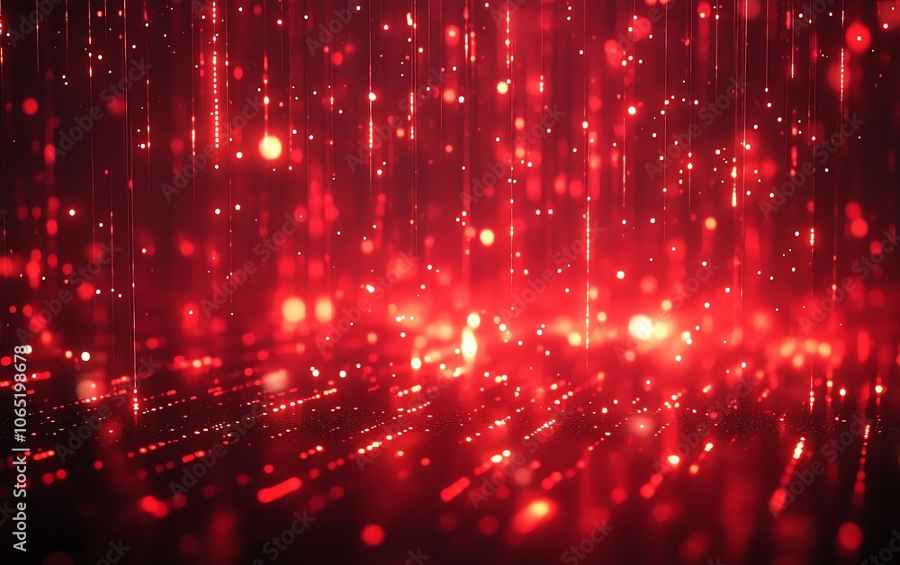 Poster digital abstract technology background featuring glowing red binary code particles
