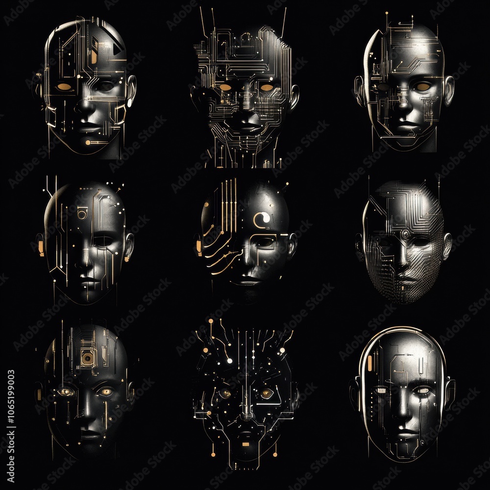 Poster futuristic digital faces with circuit patterns