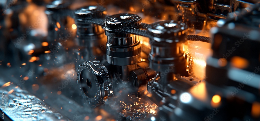 Poster Close-up of a powerful engine with a chain drive, glowing with heat and sparks.