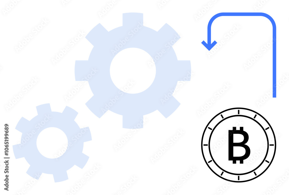 Aufkleber gear mechanisms and bitcoin symbol with a bent arrow indicating process flow. ideal for blockchain, 