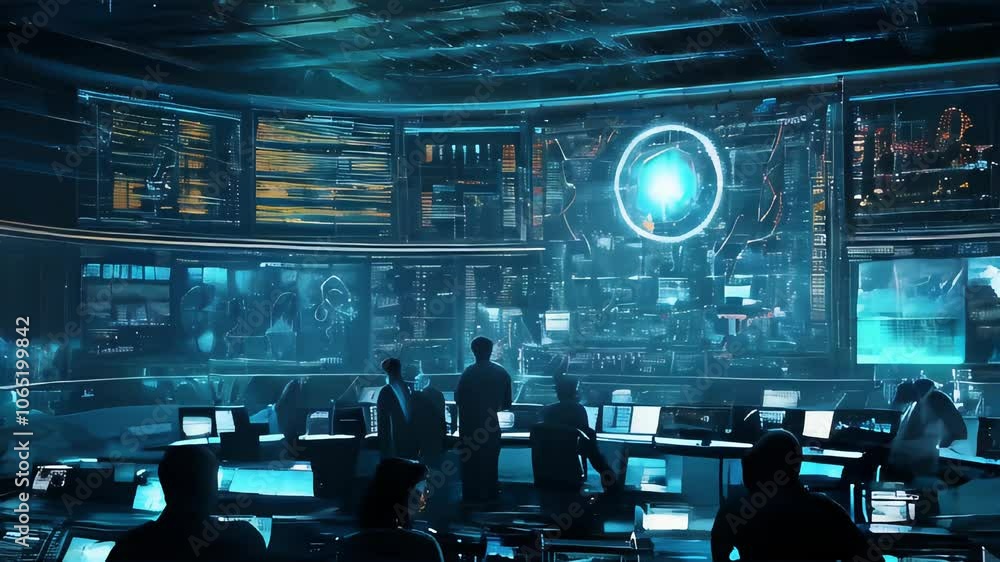 Poster a cybersecurity team in a futuristic control room operates advanced digital interfaces and monitors 