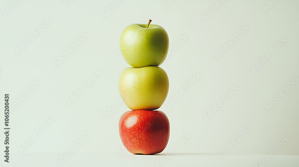Poster stacked apples in a minimalist setting with red and green apples against a light background