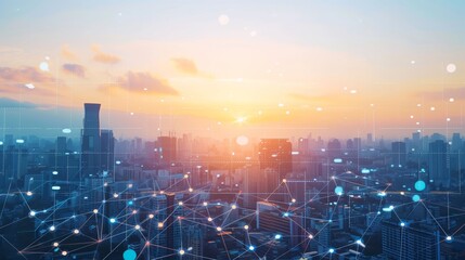 A dynamic city skyline illuminated by the sunrise, overlaid with a futuristic network of digital connections and data points, symbolizing new technological advancements and connectivity.