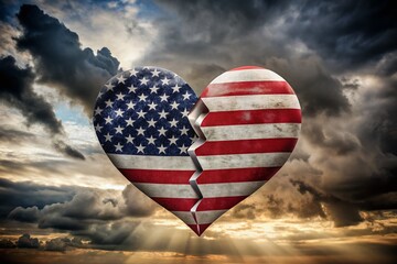 Broken Heart-Shaped United States Flag Symbolizing Heartbreak, Loss, and Emotional Turmoil in Candid Photography Style