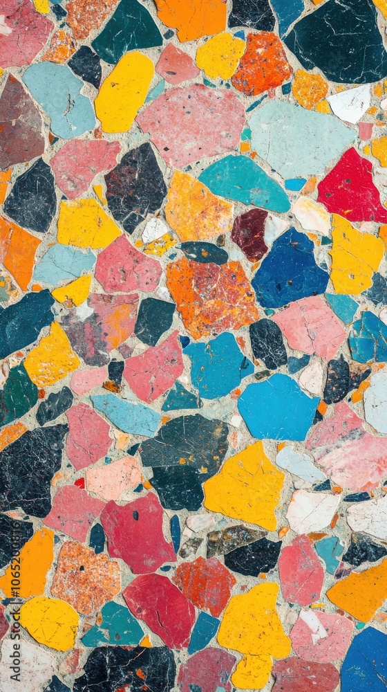 Poster a vibrant abstract terrazzo pattern featuring assorted colorful stones on a light background.