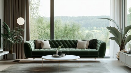 Fototapeta premium Modern Green Velvet Sofa in a Bright Living Room with Scenic View