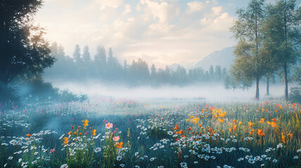 A serene view of a fog-covered meadow dotted with wildflowers, radiating tranquility.A serene view of a fog-covered meadow dotted with wildflowers, radiating tranquility.