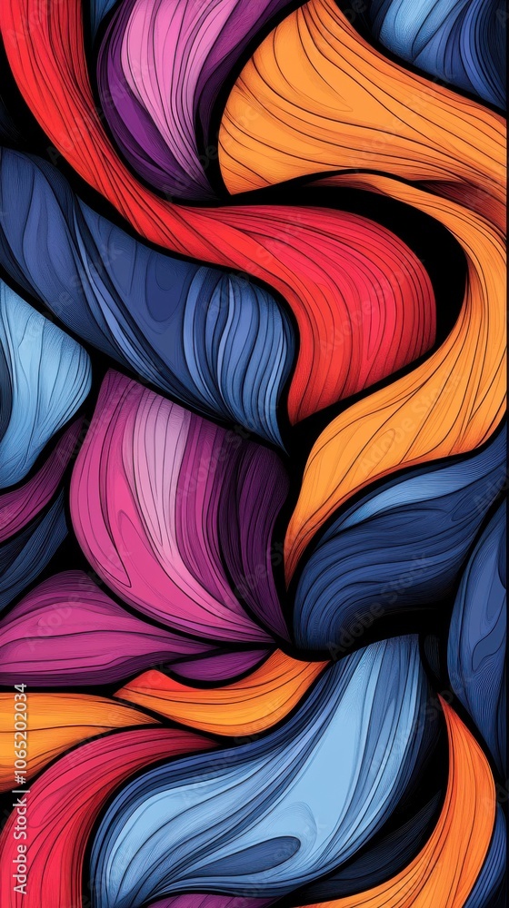 Poster a vibrant abstract pattern featuring swirling colors of red, orange, blue, and cream, creating a dyn
