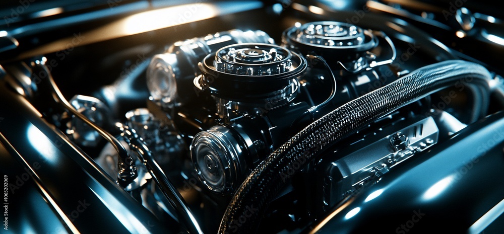 Aufkleber close-up of a shiny and detailed car engine, showing intricate components and metallic parts.