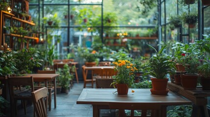Fototapeta premium Greenhouse garden, presenting natural light, color gradient, and desaturation. The image displays soft tones, creating a peaceful and nostalgic atmosphere, suitable for minimalist concepts.