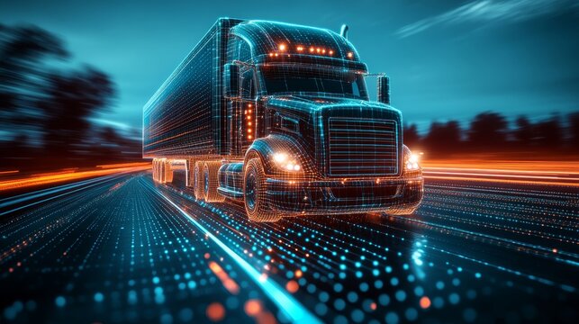 Autonomous Electric Truck Driving on Digital Road. Transportation, Logistics and Technology Concept.
