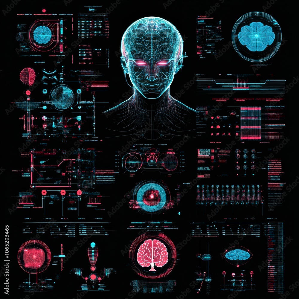 Poster futuristic brain visualization and data analysis
