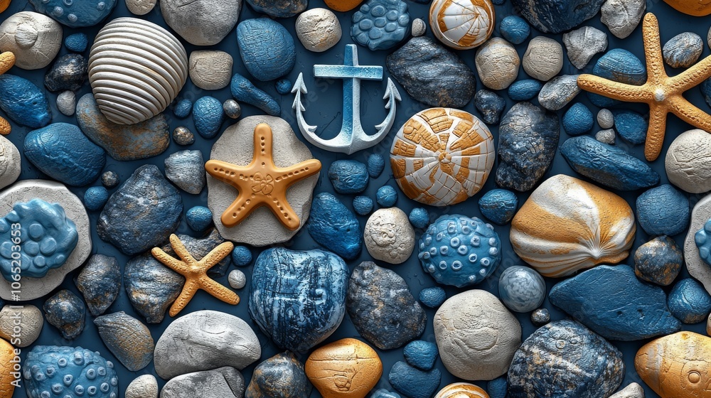 Poster a blue and white rock pattern with a starfish and an anchor. the anchor is in the middle of the patt