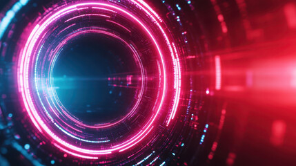 Fototapeta premium vibrant digital tunnel with glowing pink and blue lights, creating futuristic atmosphere. circular patterns and bright colors evoke sense of depth and motion