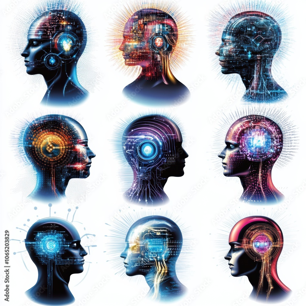 Poster digital heads representing artificial intelligence concepts