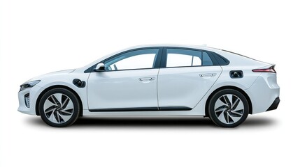 Naklejka premium A sleek hybrid car parked on a bright white surface, highlighting its eco-friendly features and modern design for automotive advertising.