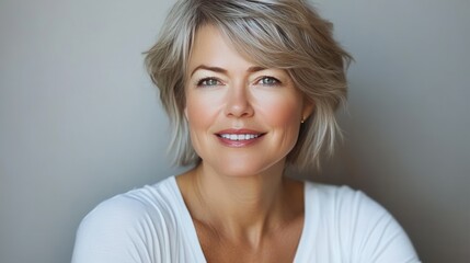 Fototapeta premium Confident Mature Woman Portrait Grey Hair and a Genuine Smile, Against Neutral Background