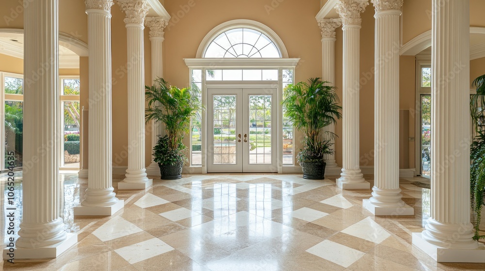 Poster large entryway with decorative columns and arch, ample blank space for text