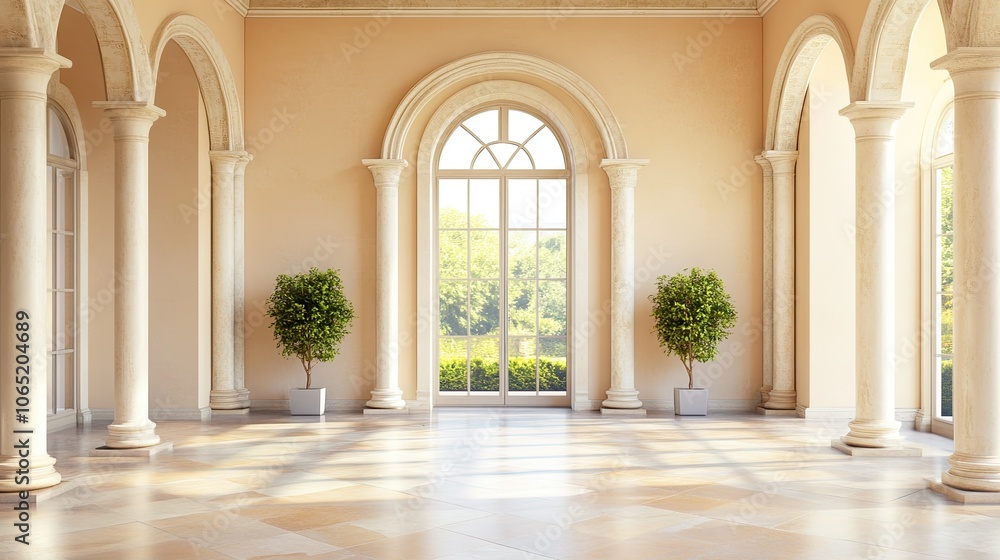 Poster large entryway with decorative columns and arch, ample blank space for text