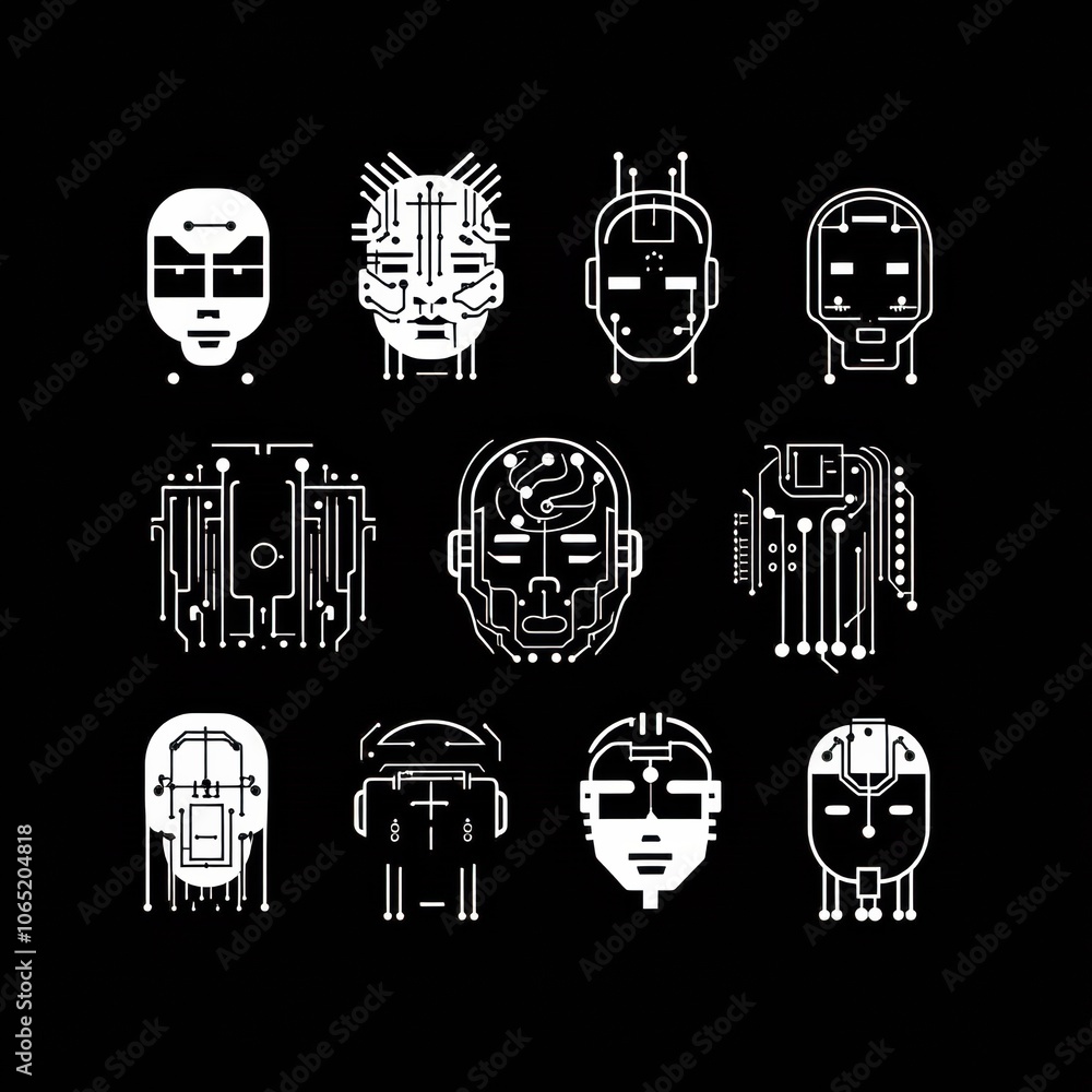 Poster abstract faces with circuit patterns on black background