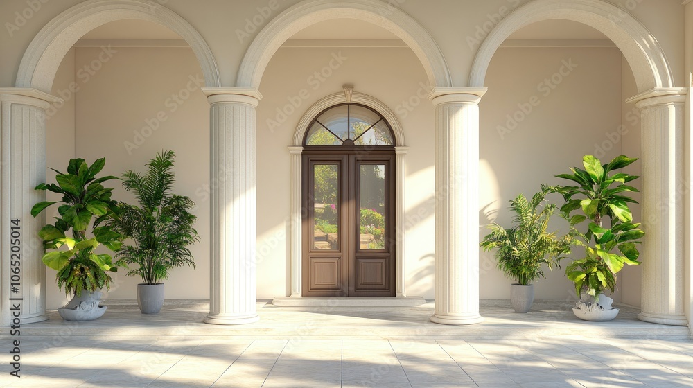 Poster large entryway with decorative columns and arch, ample blank space for text