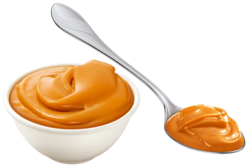 tigela e colher com doce de leite isolado em fundo transparente