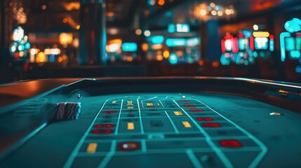 A tranquil scene of an empty craps table in a casino, highlighting the unique layout and absence of the usual hustle and bustle.