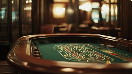 A tranquil scene of an empty craps table in a casino, highlighting the unique layout and absence of the usual hustle and bustle.