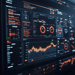 Obraz premium Futuristic data visualization on a screen showing analytics and graphs.