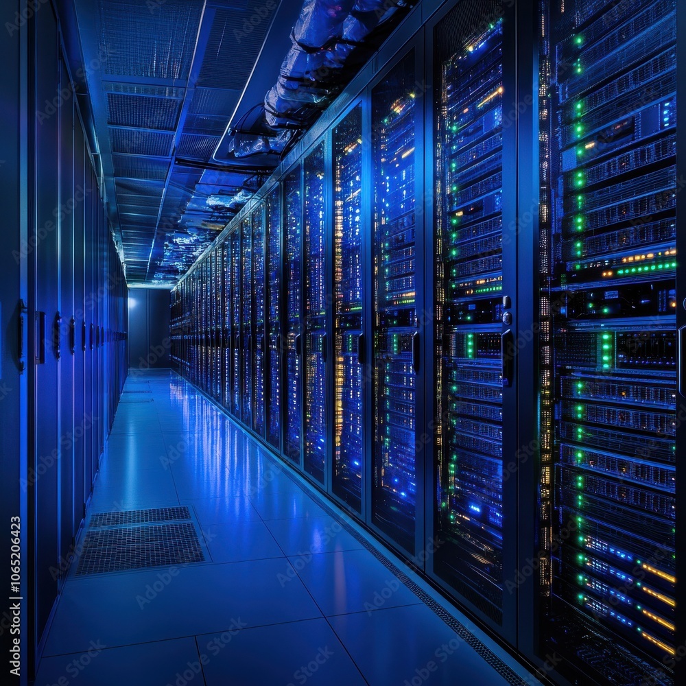 Poster a dimly lit server room with rows of high-tech servers illuminated by blue and green lights.