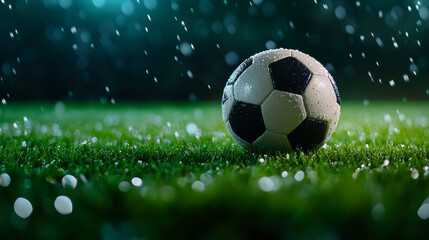 Naklejka premium soccer ball rests on wet grass field, glistening with raindrops as rain falls softly around it, creating serene and dynamic atmosphere